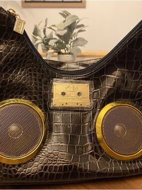 Black Croc-Embossed Shoulder Bag with Gold Speakers that Work! Battery Powered